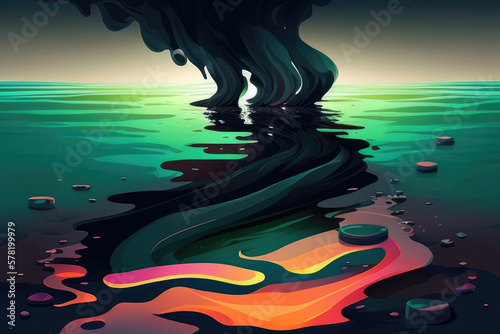 Oil Spill: an oil spill in the ocean, with dark, thick oil spreading across the water's surface AI generation. photo