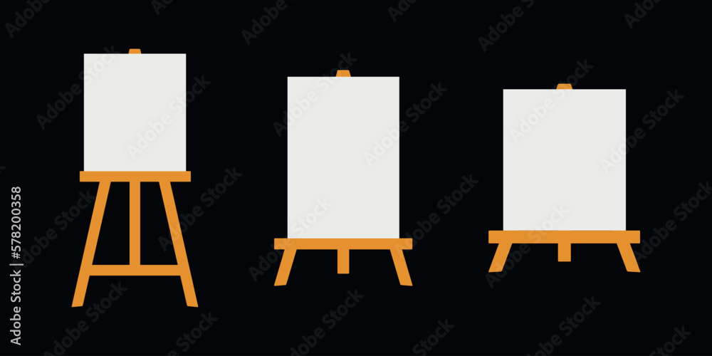 Flat vector painting tools in childish style. Hand drawn art supplies, easel with canvas Flat vector painting tools in childish style. Hand drawn art supplies, easel with canvas