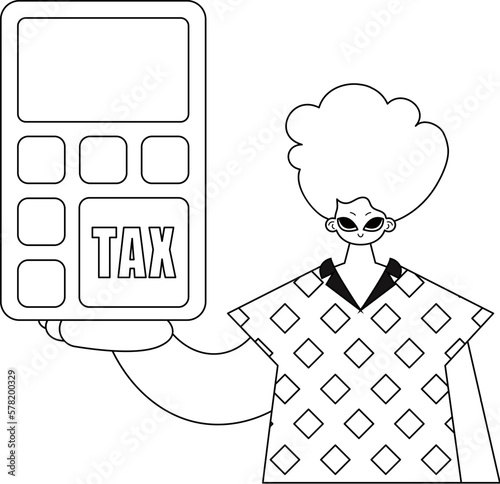 Man holds calculator linear style vector illustration.