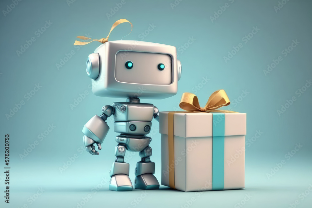 Naklejka premium Cute robot holds gift box. Generative AI