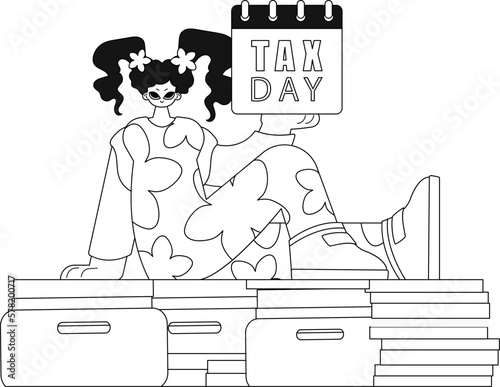 Girl sits among filing, examining calendar. Tax day. Linear vector illustration.