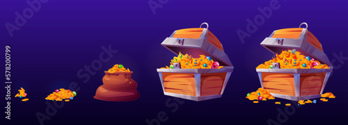 Pirate treasure icons with gold coins, bag and wooden chest. Game assets with money piles, ancient wood trunk with golden coins, gems and crowns, vector cartoon set