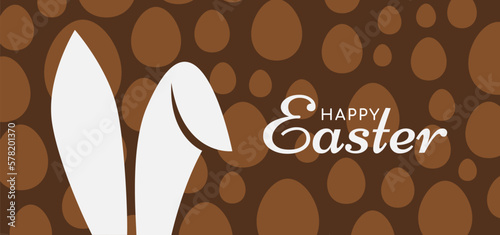 Happy Easter. Banner, poster, greeting card with typography, bunny ears, and eggs. Vector illustration.