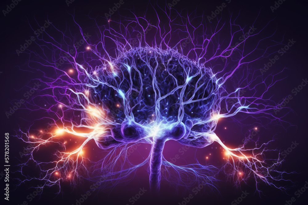 © VisualVortex - Cybernetic brain artificial intelligence from chips with neon light. Generative AI