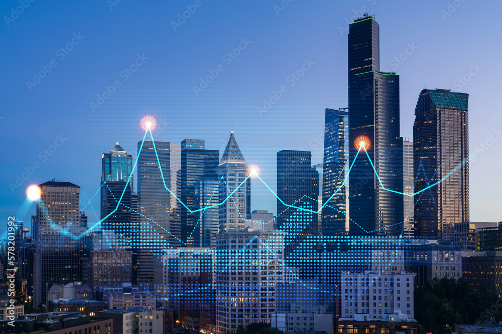 Skyscrapers Cityscape Downtown View, Seattle Skyline Buildings. Beautiful Real Estate. Sunset. Forex Financial graph and chart hologram. Business education concept.