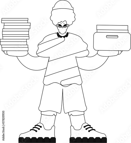 Guy piles docs in linear vector style illustration.