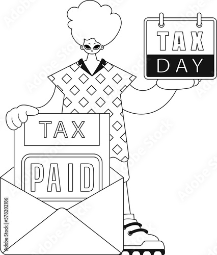 Man holds calendar and letter, taxes notification. Linear style, vector illustration. photo