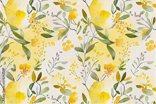 Botanical watercolor wallpaper pattern. yellow tone. generative ai
