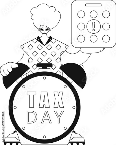 Guy maintaining calendar and alarm clock, alerted of looming tax day. Linear vector style illustration.