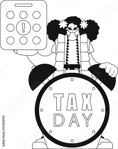 Girl calendar and alarm clock. Tax day is near. Linear style vector image.