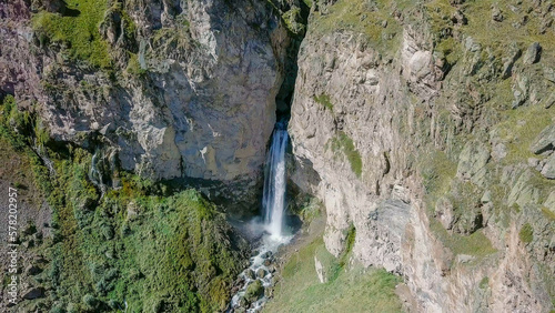 Elbrus from the north. The Sultan waterfall on the Kyzyl-Su river. Aerial view. Kabardino-Balkaria  Russia