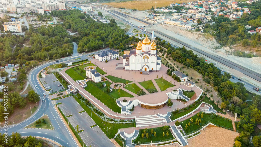 Gelendzhik, Russia. Cathedral of St. Andrew the First Called. Sunset time, Aerial View