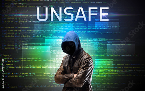 Faceless hacker on code background