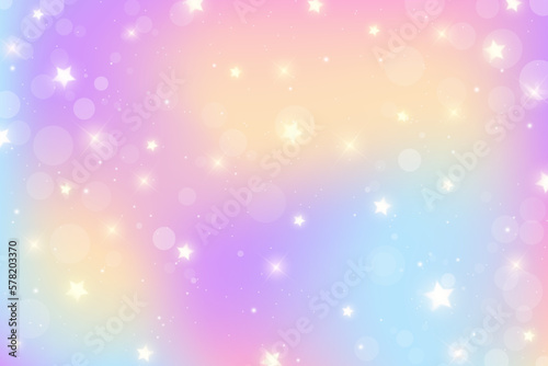 Rainbow pastel background. Unicorn sky with glittering sky. Candy galaxy with watercolor light texture. Girly cute magic wallpaper. Holographic vector abstract illustration.