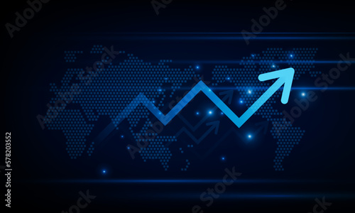Financial chart with moving up arrow graph and world map in stock market on blue color background concept innovation background, vector design