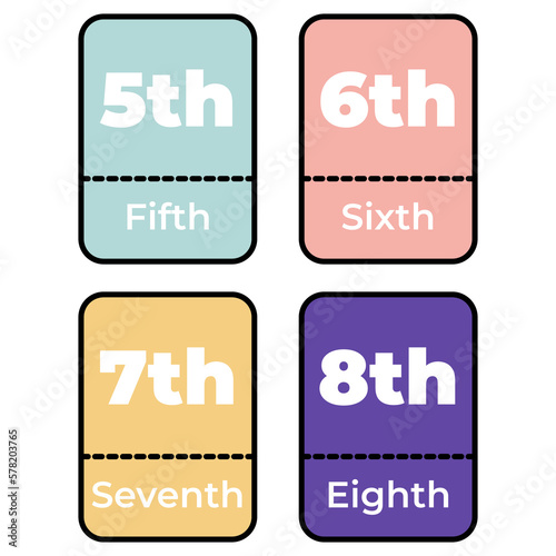 Ordinal numbers from 5 to 8 colored flashcard, material in english. Vector illustration
