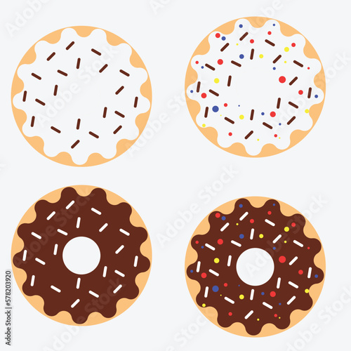 Donut vector set isolated on a white background. Donut collection. Sweet sugar icing donuts. break time with white chocolate, strawberry and chocolate donuts top view.