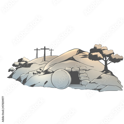 Easter Resurrection Cave Jesus Risen - Easter illustration of opened empty cave III photo