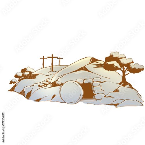 Easter Resurrection Cave Jesus Risen - Easter illustration of opened empty cave IV photo