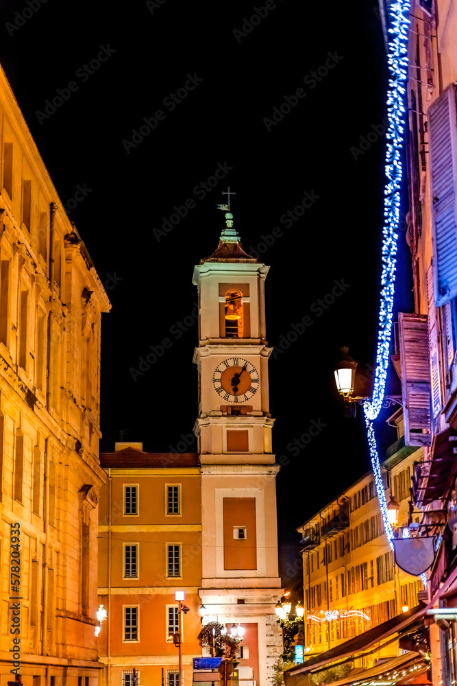 Street Christmas Decorations Steeple Outside Cathedral Nice France