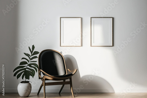 Blank picture frame mockup on a white wall. Portrait orientation. Artwork template mock up in interior design. View of modern boho style interior with chair, Generative AI © Fuad
