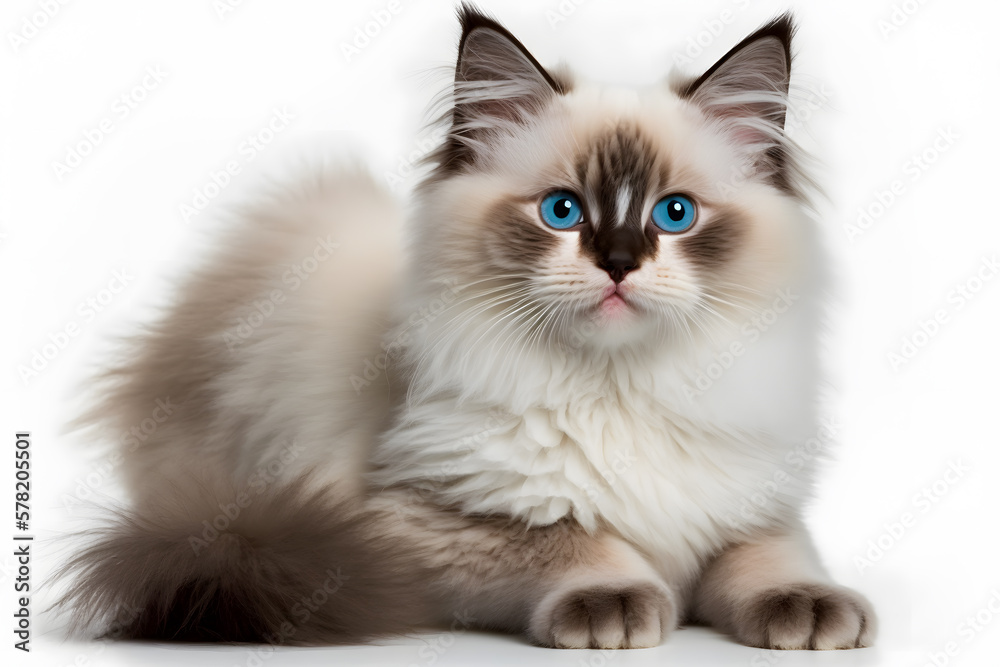 Fototapeta premium Portrait Ragdoll cat, small kitten portrait isolated on white background photography made with Generative AI