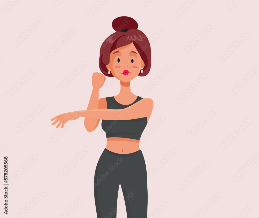 Sporty Girl Stretching her Arms Before Workout Vector Cartoon. Athletic woman warming up relaxing for a workout session
