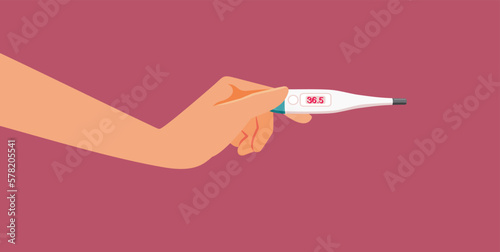 Fotografia Hand Holding a Digital Thermometer Checking for Fever Vector Illustration