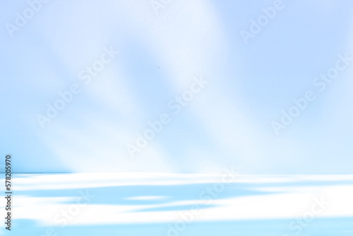 Fototapeta Naklejka Na Ścianę i Meble -  Abstract blue studio background for product presentation. Empty room with shadows of window and flowers and palm leaves . 3d room with copy space. Summer concert. Blurred backdrop.