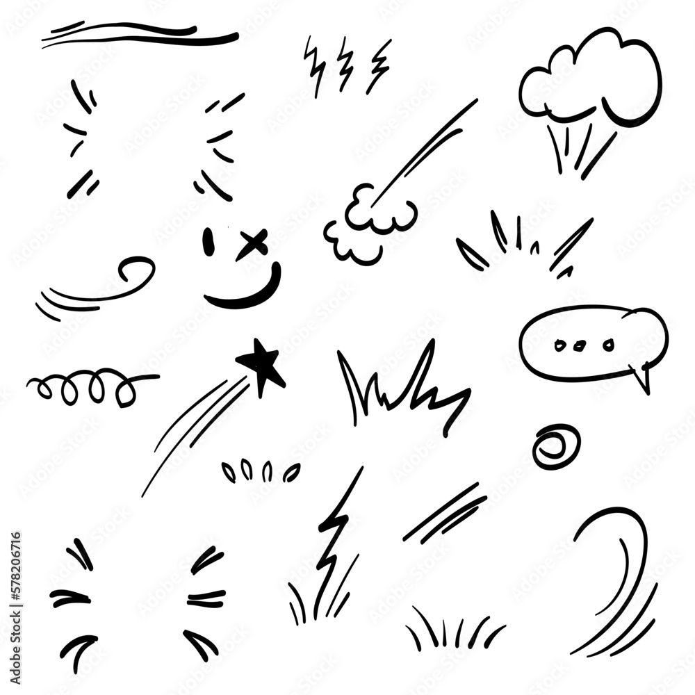 Doodle set cartoon expressions effects. Hand drawn emoticon effects design elements. vector illustration - obrazy, fototapety, plakaty 