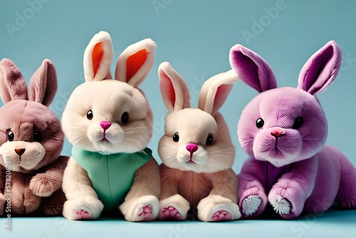 four sweet and cute plushie Easter bunnies against a pastel background
