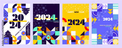 Merry Christmas, 2024 new year templates set, colorful geometric background, vector illustration for greeting, invitation, web and banner.