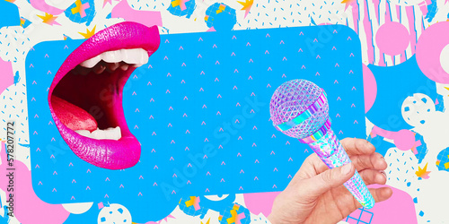 Contemporary digital collage art. Modern trippy design. Retro fashion party 90s vibes. Funny mouth and karaoke concept