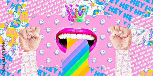 Contemporary digital collage art. Modern trippy design.  Funny Mouth and rainbow