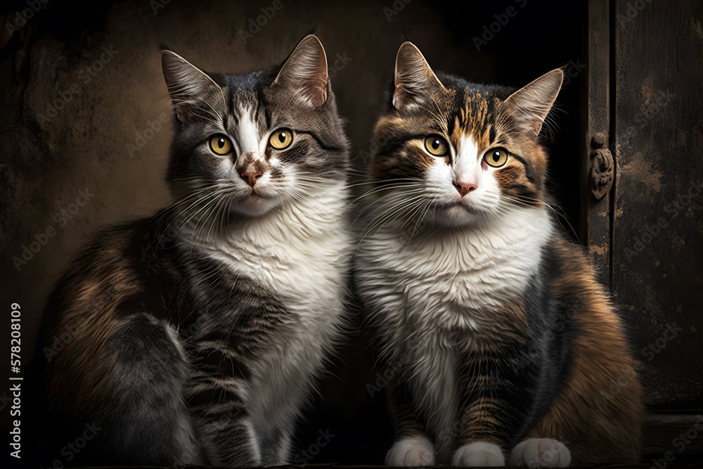 Portrait Two friendly cats photography made with Generative AI