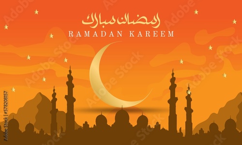 Ramadan Mubarak arabic calligraphy with golden moon and Islamic decorative background