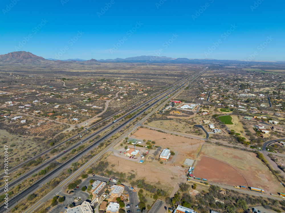 Interstate Highway 19 aerial view with Tumacacori Mountains at the back from town of Tubac in Santa Cruz County, Arizona AZ, USA. 