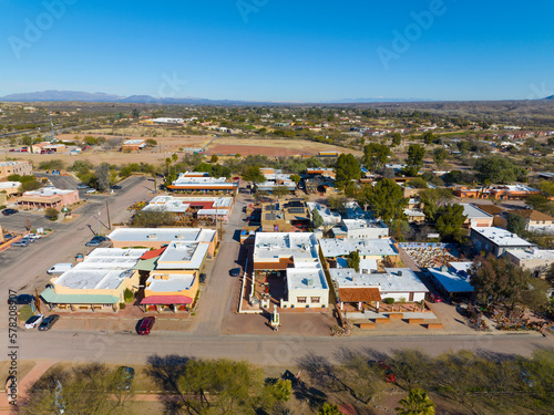 Tubac historic town center aerial view including Tubac Plaza and historic adobe style house on Tubac Road in town of Tubac, Santa Cruz County, Arizona AZ, USA.  photo