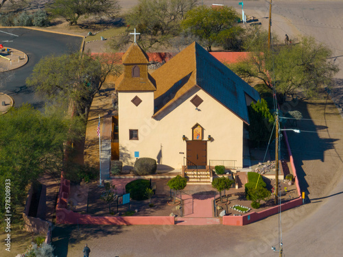 St Ann's Catholic Church aerial view in Tubac Presidio State Historic Park in historic town center of Tubac, Arizona AZ, USA.  photo