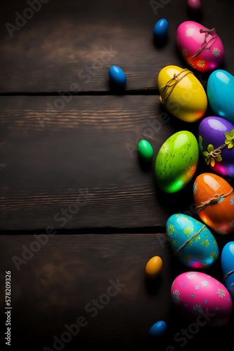 Colorful Easter Eggs on Rustic Wooden Table