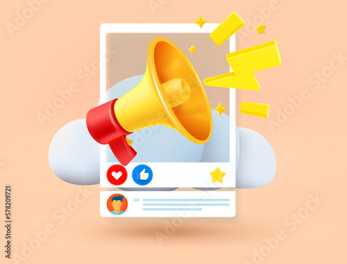 Loud speaker with social media announce. Breaking news concept. 3d vector illustration