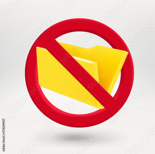 Yellow folder icon in red circle with crossed line. 3d vector icon 
