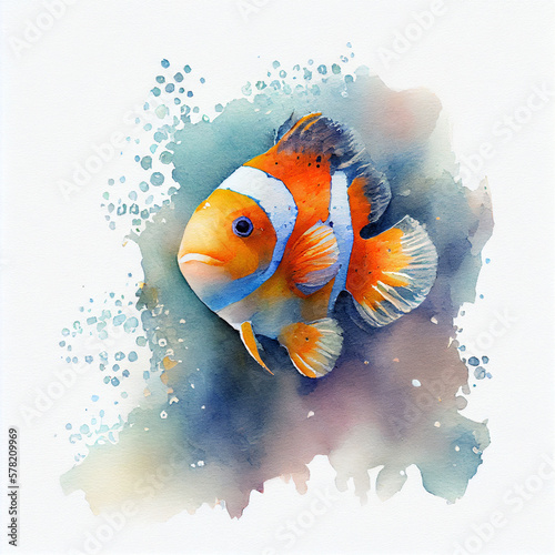 Clownfish swim gracefully in a cute fantasy watercolor world against a white background