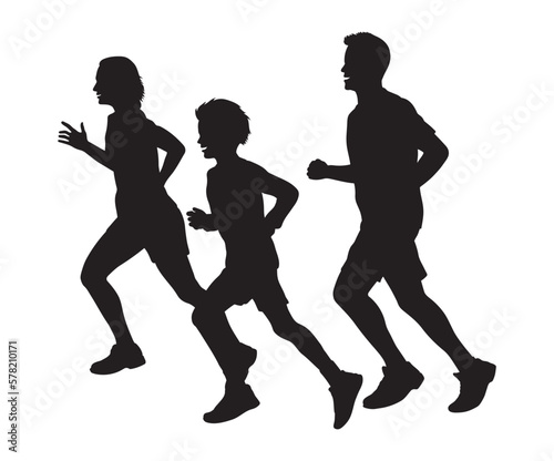 Family running together silhouette. Mother, father and son jogging outdoor on white background.