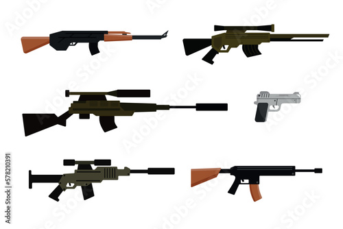 Set of different firearms in cartoon style. Vector illustration of rifles, sniper rifles, submachine guns, pistols, shotguns isolated on a white background.