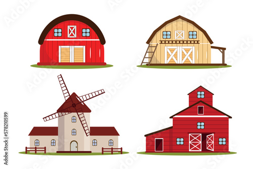 Set of different barns, mill in cartoon style. Vector illustration of wooden farm houses, barns for grain storage, mill to grind grain isolated on white background.