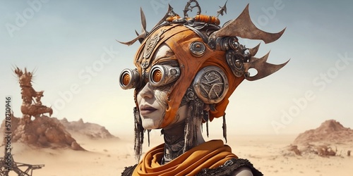Futuristic Fantasy Female Nomad Wandering in a Desert Environment Generative AI