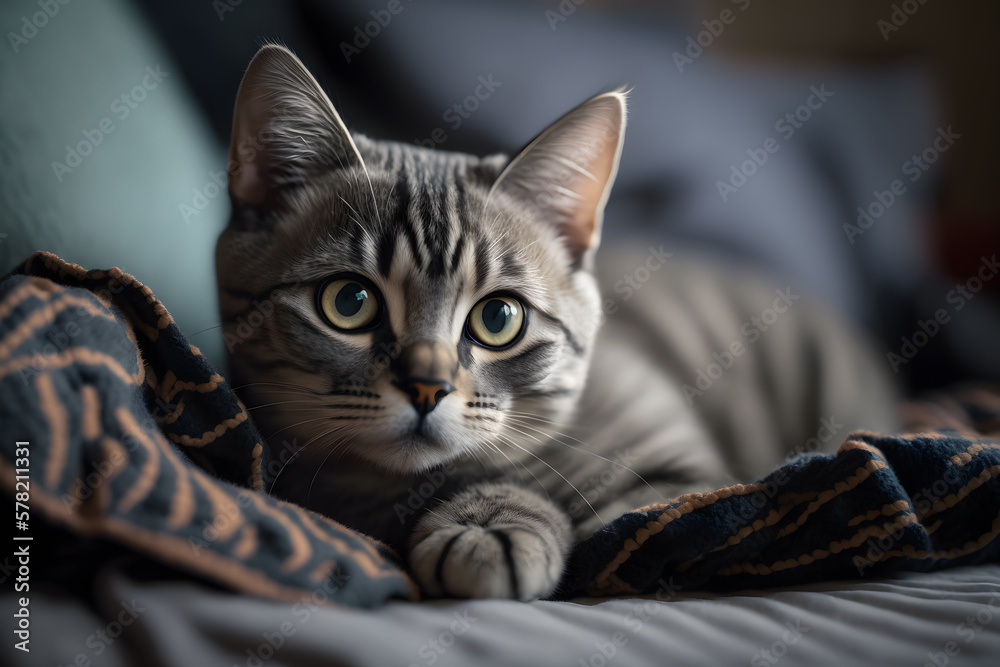 Portrait Beautiful short hair cat lying on the sofa at home photography made with Generative AI