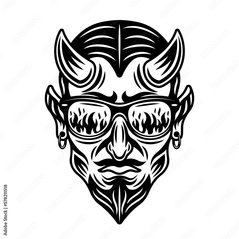 Obraz premium Devil in sunglasses that reflect flame vector monochrome illustration in vintage style isolated on white background