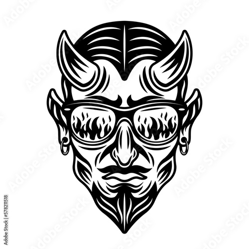 Devil in sunglasses that reflect flame vector monochrome illustration in vintage style isolated on white background